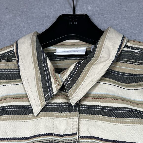 Liz Claiborne Striped Jean Jacket Large Beige Tan Gray Unlined Yoke Pockets - Picture 2 of 13